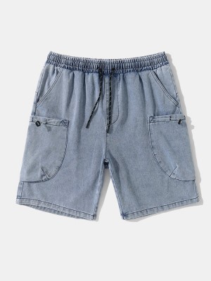 Men Denim Double Pocket Drawstring Wide Legged Jeans Shorts