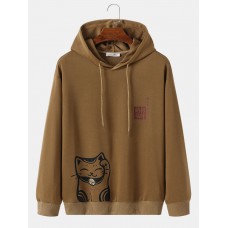 Mens Japanese Cat Letter Printed Long Sleeve Hooded Sweatshirts