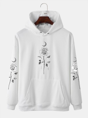 Mens Rose   Moon Printed Pocket Long Sleeve Hoodies