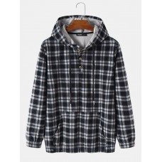 Mens Plaid Half Button Corduroy Preppy Drawstring Hoodies With Pocket