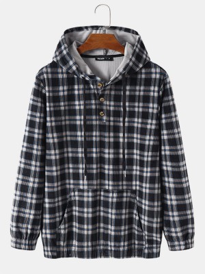 Mens Plaid Half Button Corduroy Preppy Drawstring Hoodies With Pocket