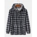 Mens Plaid Half Button Corduroy Preppy Drawstring Hoodies With Pocket