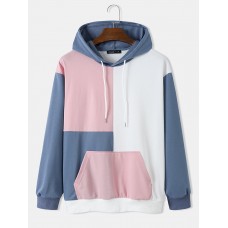 Mens Color Block Patchwork Kangaroo Pocket Preppy Drawstring Hoodies