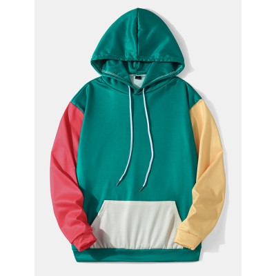 Mens Patchwork Kangaroo Pocket Preppy Overhead Drawstring Hoodies